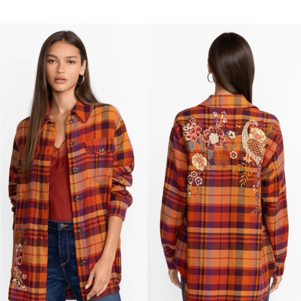 Johnny was Ananke orange plaid flannel Embroidered Shirt Jacket Sz L